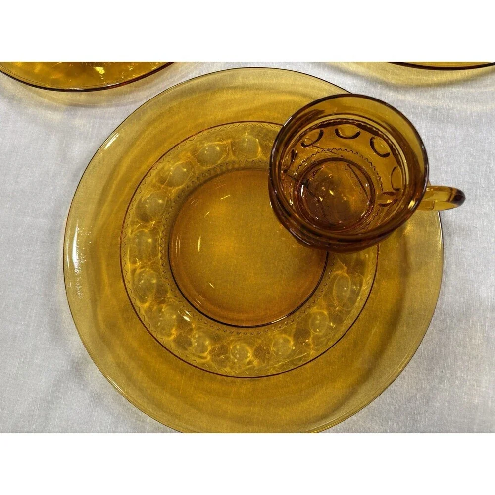 Vintage Indiana Glass Kings Crown Thumbprint Amber Snack Set 6 Plates 6Cups